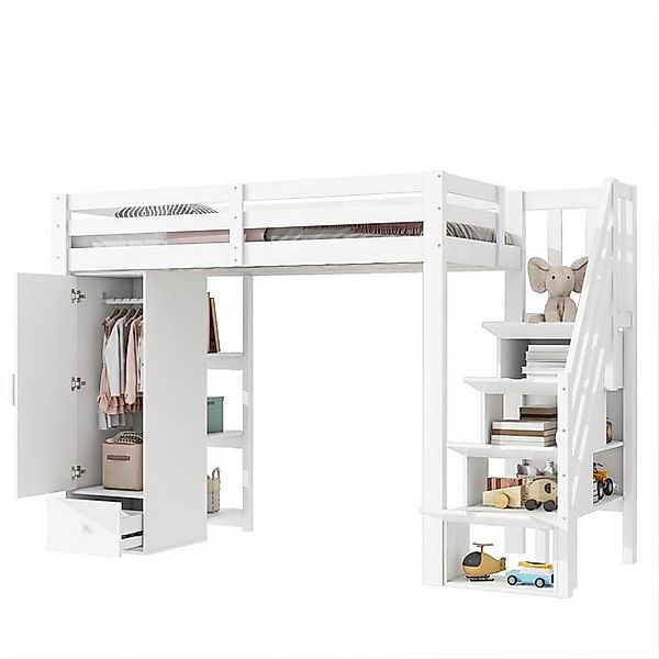 SOFTWEARY Hochbett (mit Kleiderschrank, 90x200 cm) Kinderbett mit Rausfalls günstig online kaufen