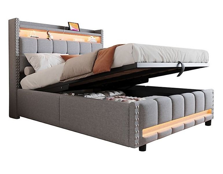 SeedWave Polsterbett Leinen Doppelbett mit LED-Ambientebeleuchtung und USB- günstig online kaufen