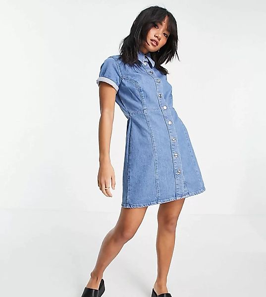 ASOS DESIGN Petite – Figurbetontes Hemdkleid aus Denim in mittlerer Waschun günstig online kaufen