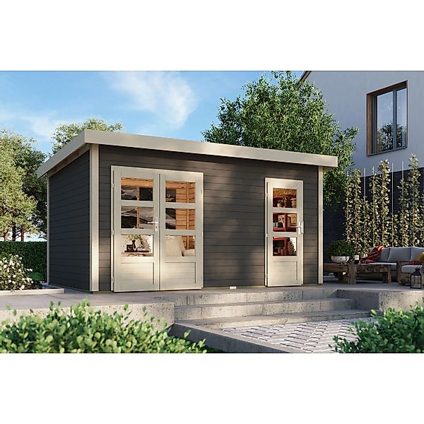 Karibu Holz-Gartenhaus Glostrup Terragrau Flachdach Lackiert 420 cm x 270 c günstig online kaufen