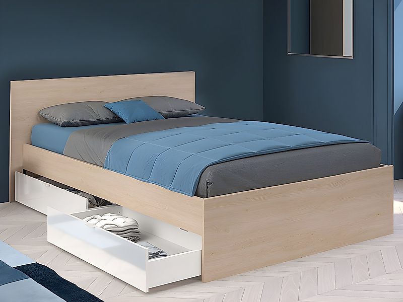 Bett mit 2 Schubladen 140 x 190 cm + Lattenrost + Matratze - Holzfarben & g günstig online kaufen