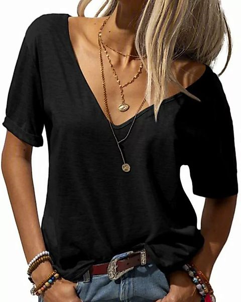 FIDDY V-Shirt Damen-Sommer-T-Shirt mit tiefem V-Ausschnitt und kurzen Ärmel günstig online kaufen