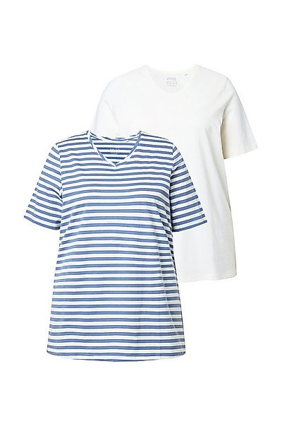 Ulla Popken T-Shirt T-Shirts 2er-Pack Ringel/uni V-Ausschnitt Halbarm günstig online kaufen