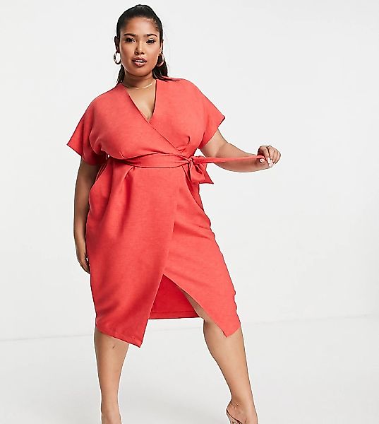 Closet London Plus – Midi-Wickelkleid in Rot mit Bindegürtel günstig online kaufen