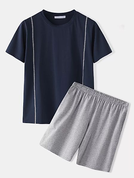 Herren Plain Kurzarm Pyjama Atmungsaktiver O-Ausschnitt Sommer zweiteilig H günstig online kaufen