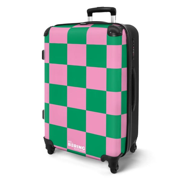 NoBoringSuitcases.com© Hartschalen-Trolley Rosa mit grünem Schachbrettmuste günstig online kaufen