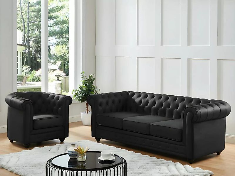 Ledersofa 3-Sitzer + Ledersessel - Büffelleder - Schwarz - CHESTERFIELD günstig online kaufen