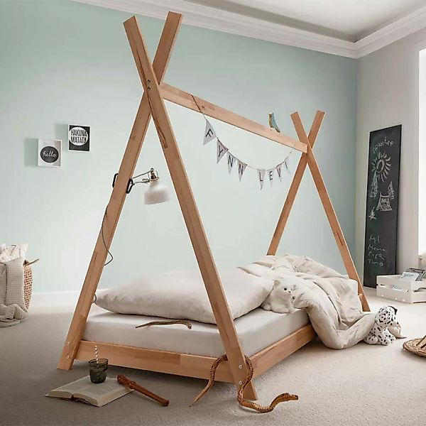 Kinderbett Zelt aus Buche Massivholz optional mit Stoffhimmel in Mint günstig online kaufen