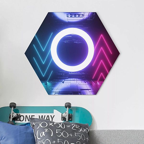 Hexagon-Alu-Dibond Bild Bunte Neonlichter günstig online kaufen