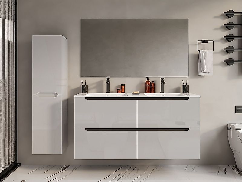 Waschbeckenunterschrank hängend mit Doppeleinbauwaschbecken und Badhochschr günstig online kaufen