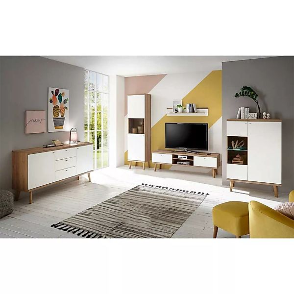 Wohnzimmermöbel Set in Weiß und Eiche Skandi Design (fünfteilig) günstig online kaufen