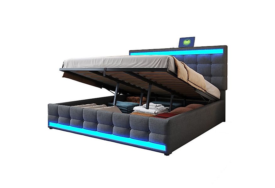 REDOM Polsterbett mit USB-Anschlüssen, RGB-LED-Licht und hydraulischem Stau günstig online kaufen