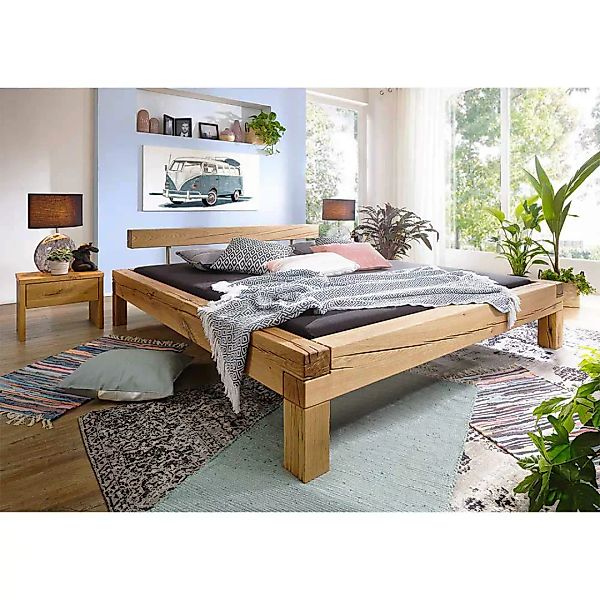 Balkenbett aus Wildeiche Massivholz rustikal (dreiteilig) günstig online kaufen