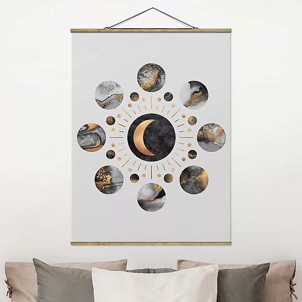 Stoffbild Abstrakt mit Posterleisten - Hochformat Mondphasen Abstrakt Gold günstig online kaufen
