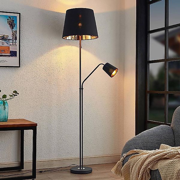 Lindby Stehlampe Efalia, schwarz/gold, Textil, Leselicht günstig online kaufen