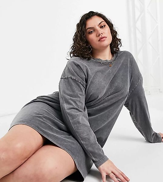 ASOS DESIGN Curve – Langärmliges Oversize-Shirtkleid in anthrazitfarbener A günstig online kaufen