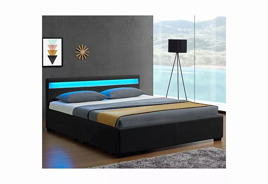 Juskys Polsterbett Lyon, 140x200 cm, ausziehbare Bettkästen, LED-Licht, gep günstig online kaufen