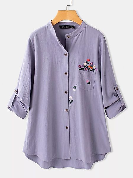 Blumenstickerei Langarm-Stehkragen Asymmetrische Bluse Für Damen günstig online kaufen