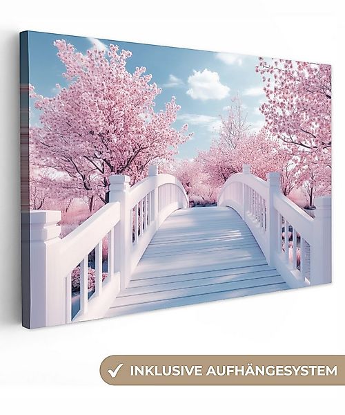 OneMillionCanvasses® Leinwandbild Brücke - Kirschbäume - Weiß, Fotodruck (1 günstig online kaufen