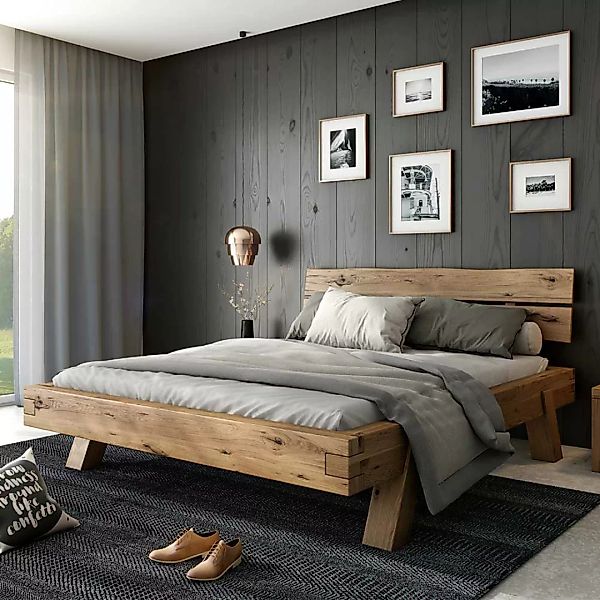 Balken Doppelbett aus Asteiche Massivholz 38 cm Einstiegshöhe günstig online kaufen