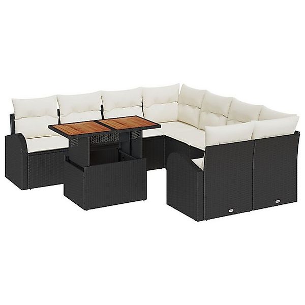 vidaXL Loungesofa 9-teiliges Garten Esstisch Set mit Kissen Schwarz Poly Ra günstig online kaufen