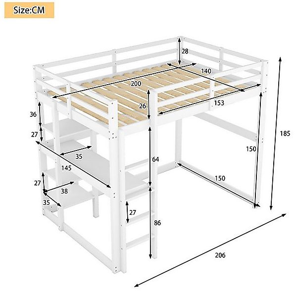 Flieks Hochbett Doppelbett Kinderbett mit Schreibtisch 140x200cm Kiefer ohn günstig online kaufen