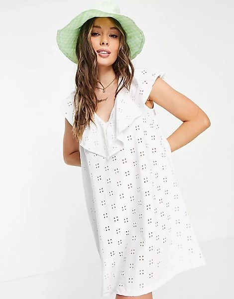 ASOS DESIGN – Kleid mit Lochstickerei mit V-Ausschnitt und Rüschen-Overlay günstig online kaufen