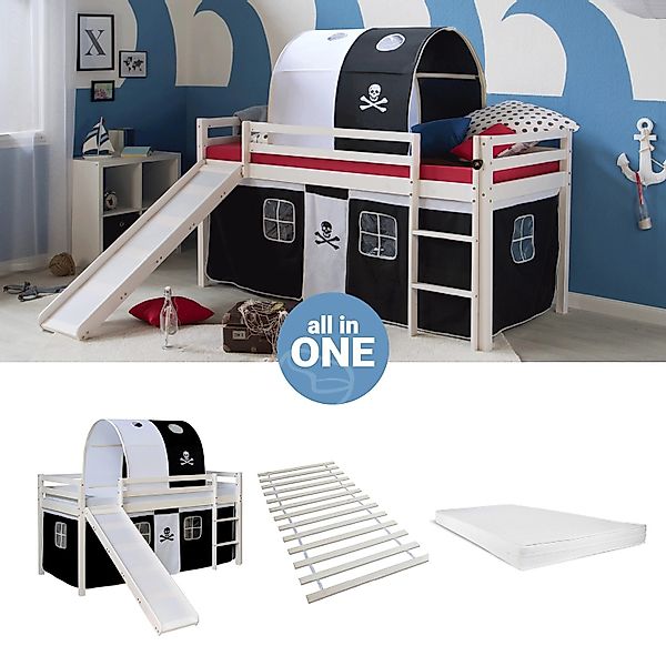 Homestyle4u Hochbett 90x200 mit Vorhang Lattenrost Matratze Rutsche Tunnel günstig online kaufen