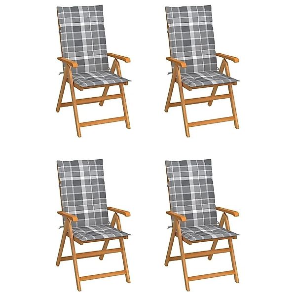 vidaXL Gartenstühle 4 Stk Graue Karomuster-Kissen Massivholz Teak 3065544 günstig online kaufen