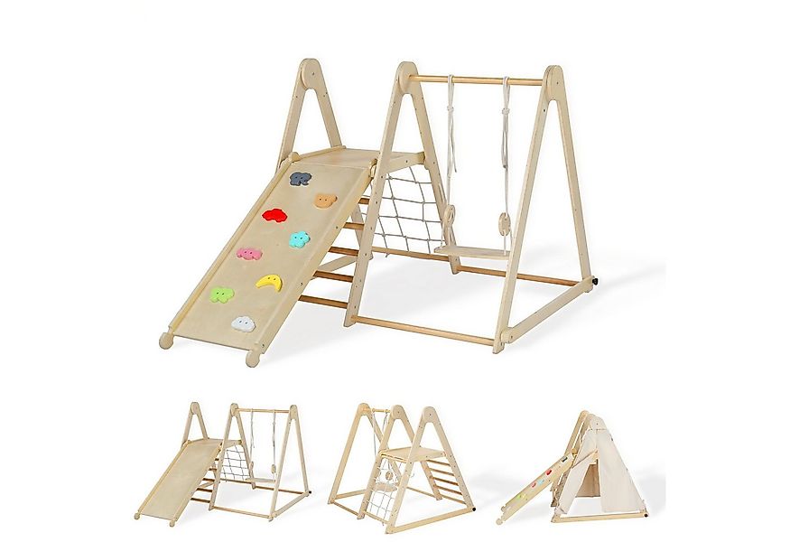LALAHO Klettergerüst 7-in-1 Kletterdreieck Kletterwand mit Rutschbahn, Scha günstig online kaufen