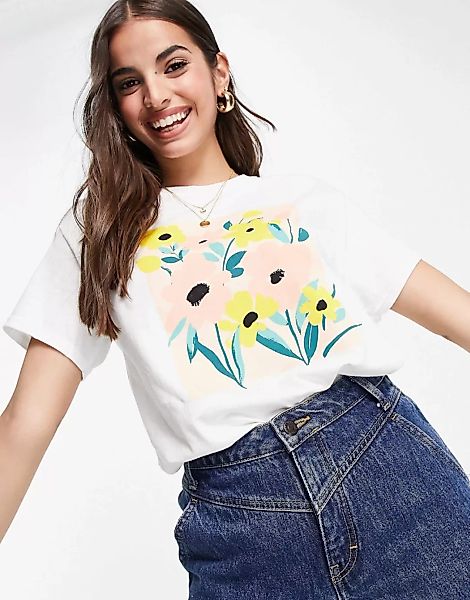 Miss Selfridge – T-Shirt mit Blumengrafik-Weiß günstig online kaufen