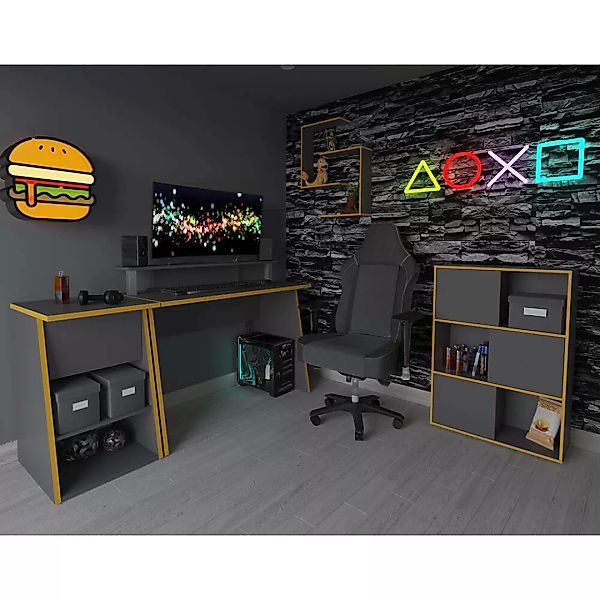Jugendzimmer Set, 4 teilig mit Gaming-Tisch, in anthrazit mit orangener Kan günstig online kaufen