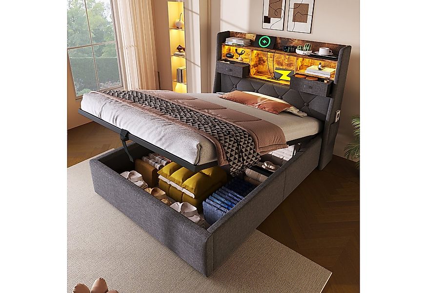 Odikalo Polsterbett Stauraumbett mit Bettkasten LED und Ladestation (90x200 günstig online kaufen
