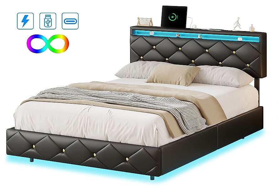 FUROKOY Polsterbett Doppelbett Stauraumbett mit LED-Beleuchtung günstig online kaufen