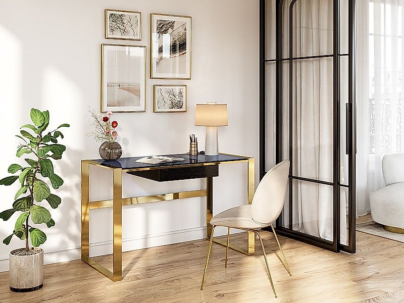 Schreibtisch mit 1 Schublade - Glas & Stahl - Schwarz & Goldfarben - SALI v günstig online kaufen