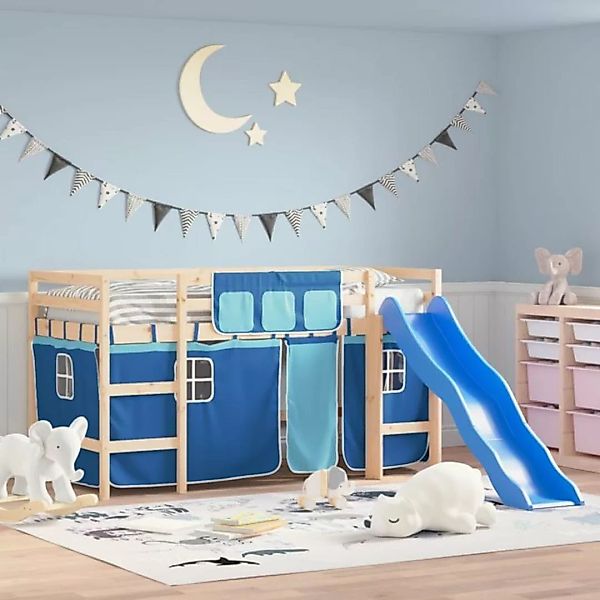 vidaXL Bettgestell Kinderhochbett mit Vorhängen Blau 90x200 cm Massivholz K günstig online kaufen