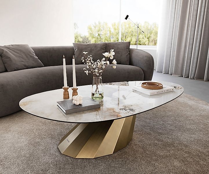 Couchtisch Edge Oval 140x75 cm Keramik Minas Melange Parabi Metallic Gold günstig online kaufen