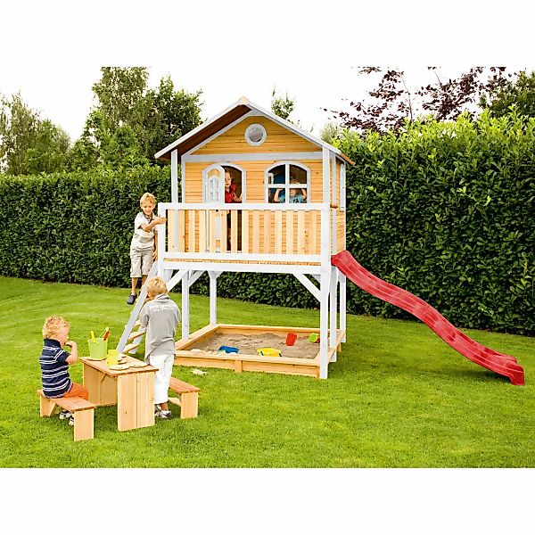 Axi Marc Spielhaus Braun - Weiß mit Roter Rutsche 212 x 432 x 293 cm günstig online kaufen