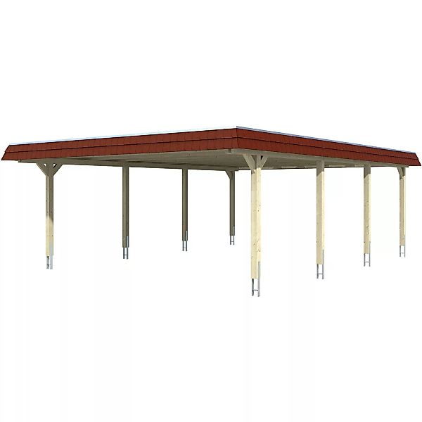 Skan Holz Doppelcarport Wendland Nussbaum 630 x 879 cm Alu-Dach Blende Rot günstig online kaufen