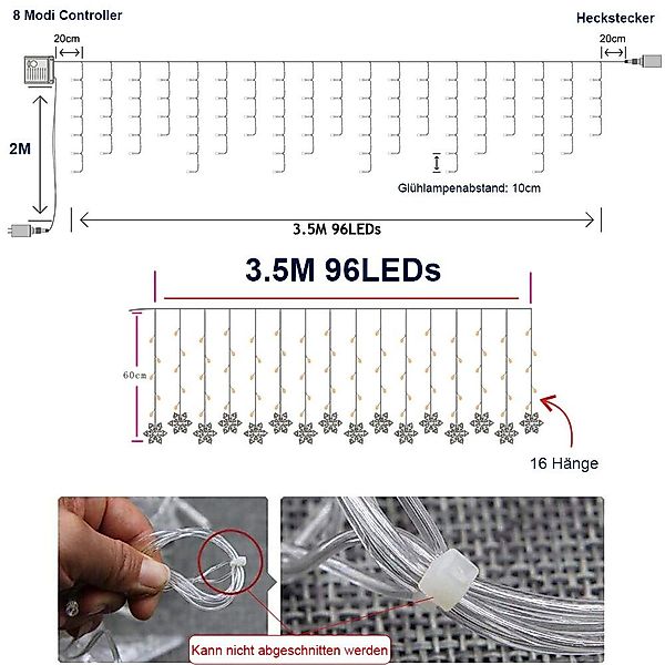 Rosnek LED-Lichtervorhang 3.5M, Große Schneeflocke, 8 günstig online kaufen