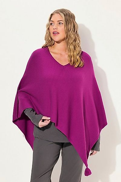 Ulla Popken Strickpullover Strick-Poncho Zipfelsaum Quaste V-Ausschnitt günstig online kaufen