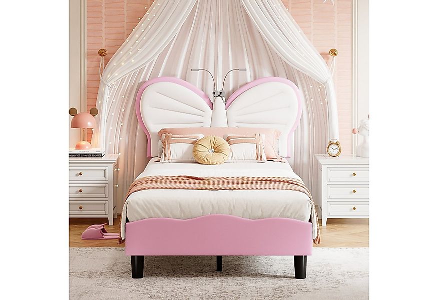 PXloue Polsterbett Kinderbett Jugendbett (Kopfteil hochstellbar), Schmetter günstig online kaufen