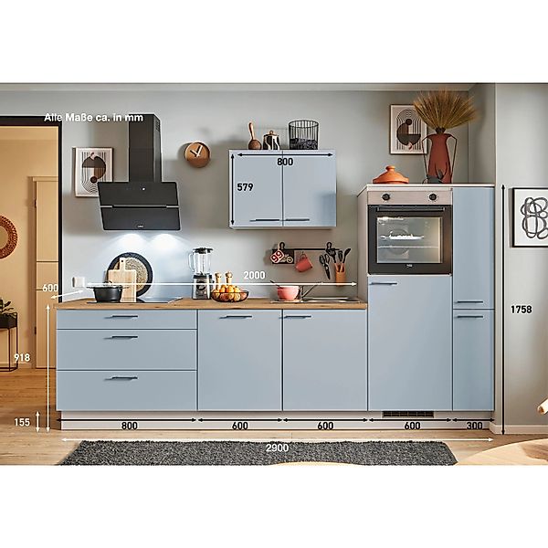 pino Küchenzeile 290 cm Pastellblau Anschlag rechts 1 Geräte-. 1 Seitenschr günstig online kaufen