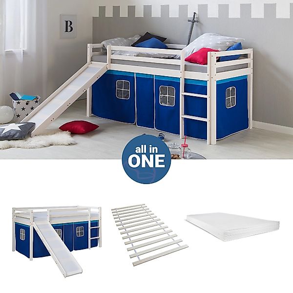 Homestyle4u Hochbett 90x200 mit Vorhang Lattenrost Matratze Rutsche in Weiß günstig online kaufen