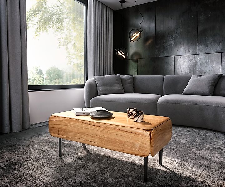 Couchtisch Shavani 100x50 cm Akazie Natur 2 Schubladen Metall Schwarz günstig online kaufen