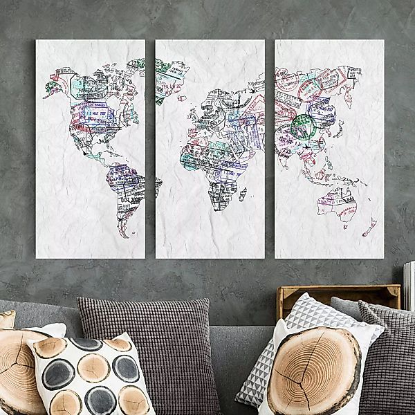 3-teiliges Leinwandbild Weltkarte - Querformat Reisepass Stempel Weltkarte günstig online kaufen