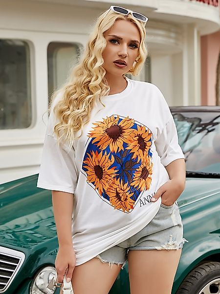 Plus Size Rundhals-T-Shirt mit Blumendruck und halben Ärmeln günstig online kaufen