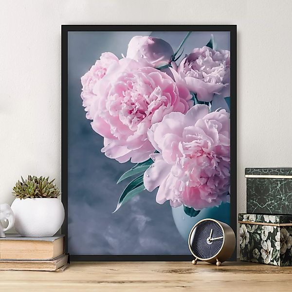 Bild mit Rahmen Blumen - Hochformat Vase mit Rosa Pfingstrosen Shabby günstig online kaufen