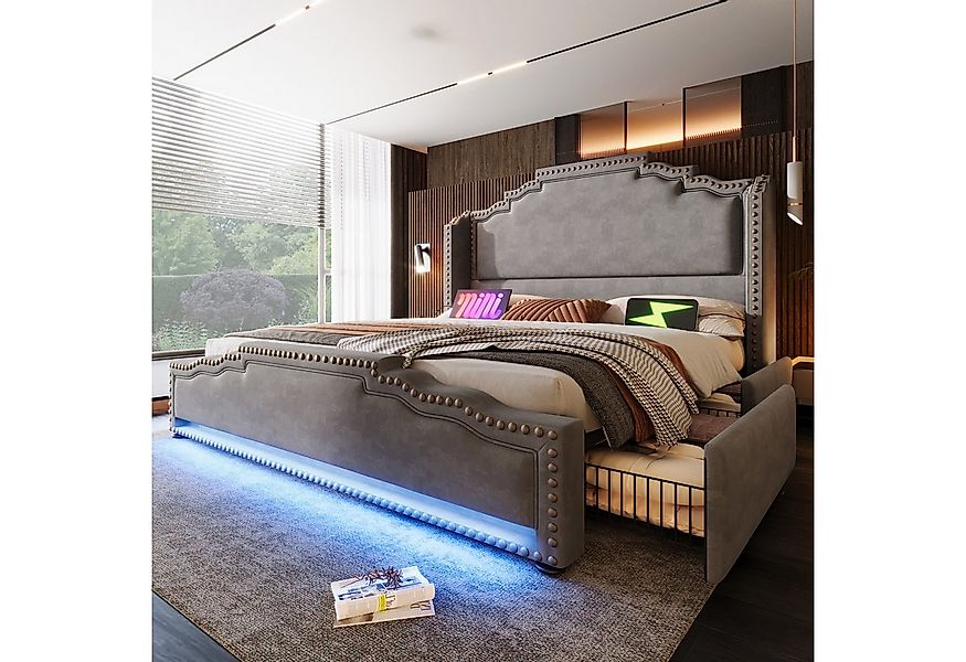 Flieks Polsterbett, Doppelbett 180x200cm mit LED-Beleuchtung 4 Schubladen u günstig online kaufen