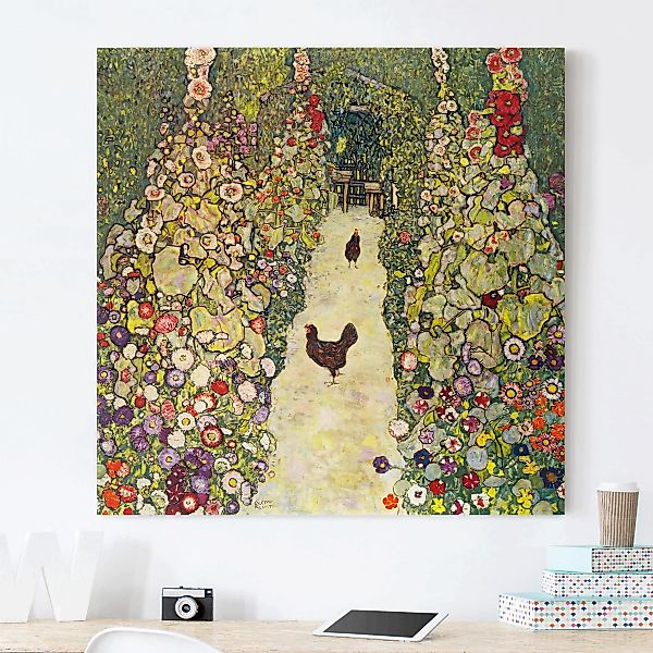 Leinwandbild Kunstdruck - Quadrat Gustav Klimt - Gartenweg mit Hühnern günstig online kaufen